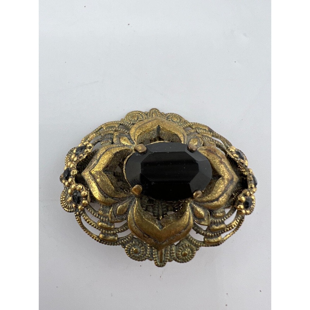 Vintage Gold Metal Black Stone Brooch Pin